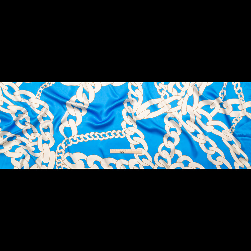 Mood Exclusive Italian Cerulean Blue and Almond Milk Large Chains Digitally Printed Silk Charmeuse