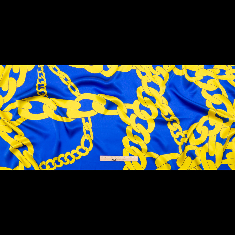Mood Exclusive Italian Blue and Yellow Large Chains Digitally Printed Silk Charmeuse