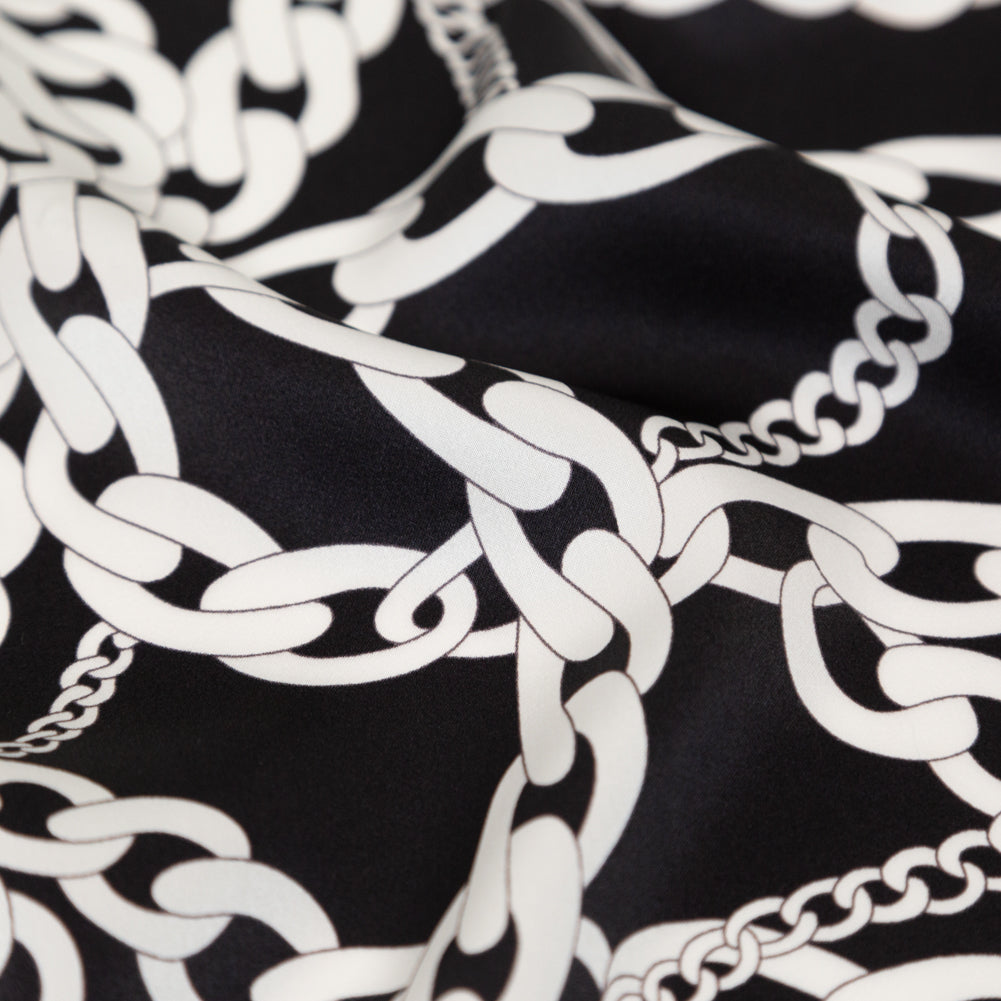Mood Exclusive Italian Black and White Chains Digitally Printed Silk Charmeuse