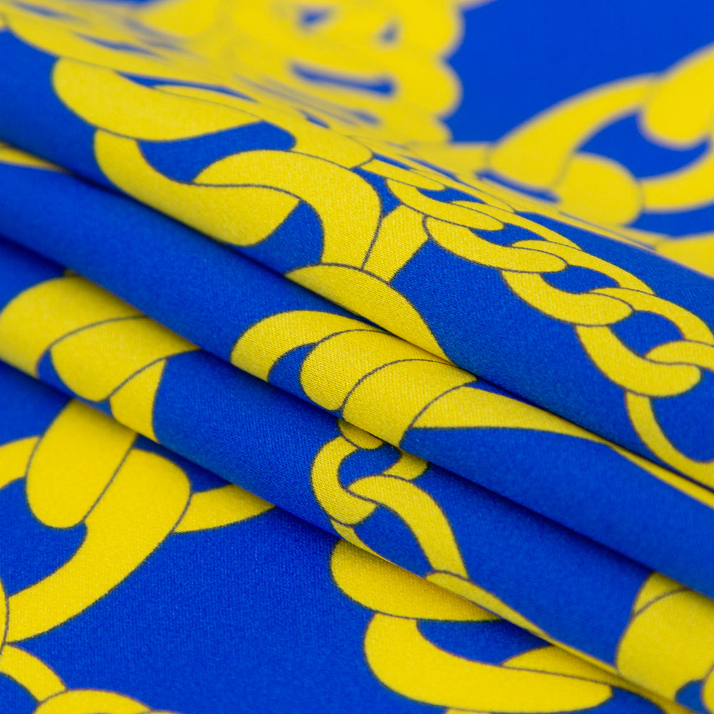 Mood Exclusive Italian Blue and Yellow Chains Digitally Printed Silk Charmeuse