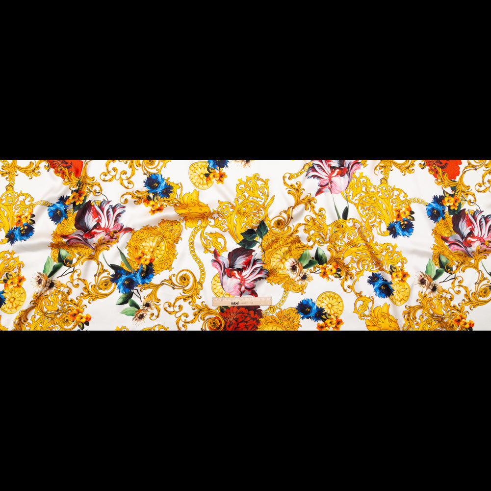 Mood Exclusive Italian White and Gold Ornate Floral Digitally Printed Silk Charmeuse