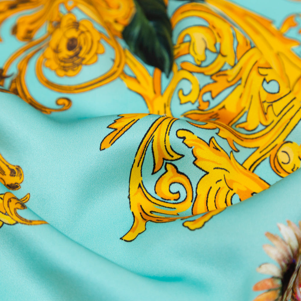 Mood Exclusive Italian Turquoise and Gold Ornate Floral Digitally Printed Silk Charmeuse