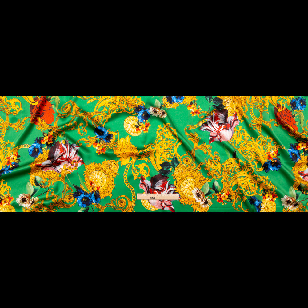 Mood Exclusive Italian Kelly Green and Gold Ornate Floral Digitally Printed Silk Charmeuse