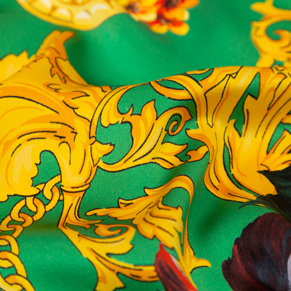 Mood Exclusive Italian Kelly Green and Gold Ornate Floral Digitally Printed Silk Charmeuse