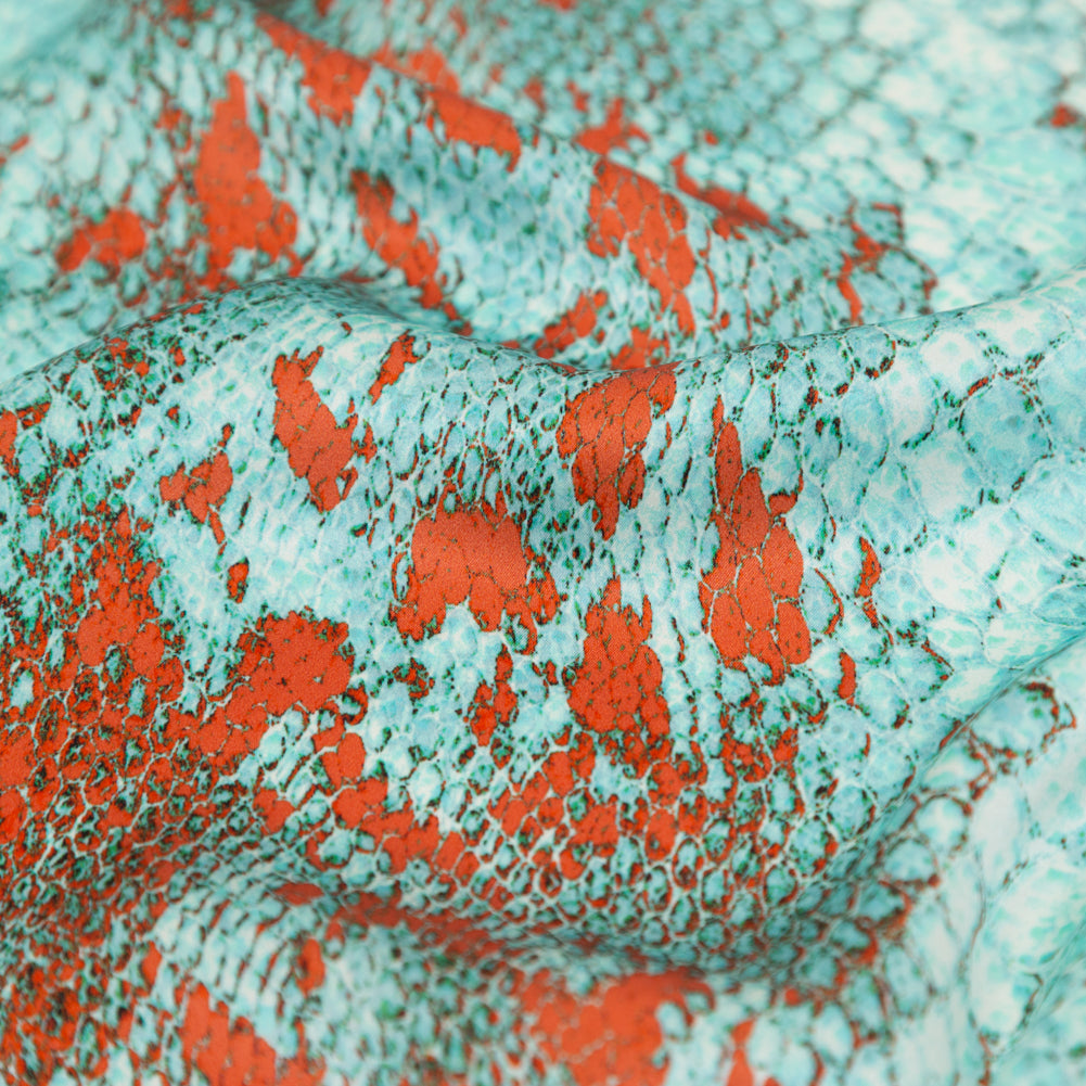 Mood Exclusive Italian Aqua and Chili Python Printed Silk Charmeuse