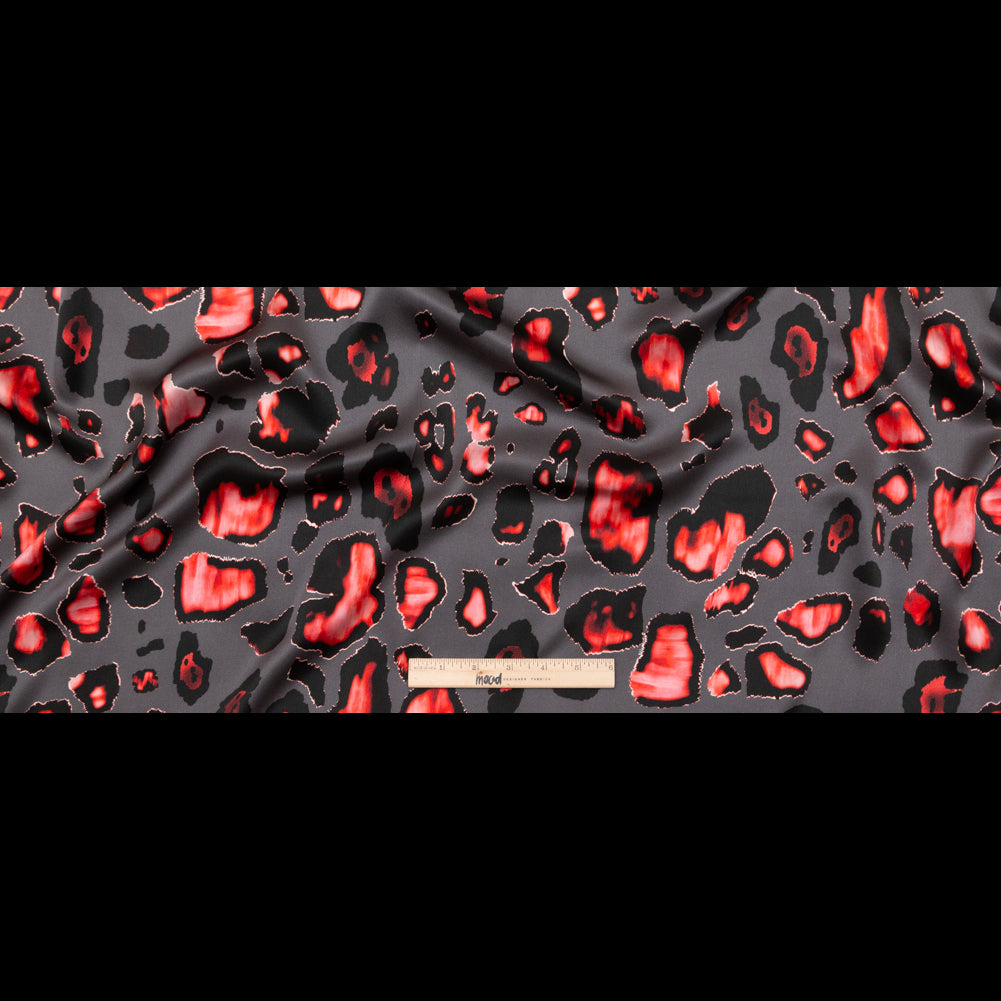 Mood Exclusive Italian Gray and Red Abstract Digitally Printed Silk Charmeuse