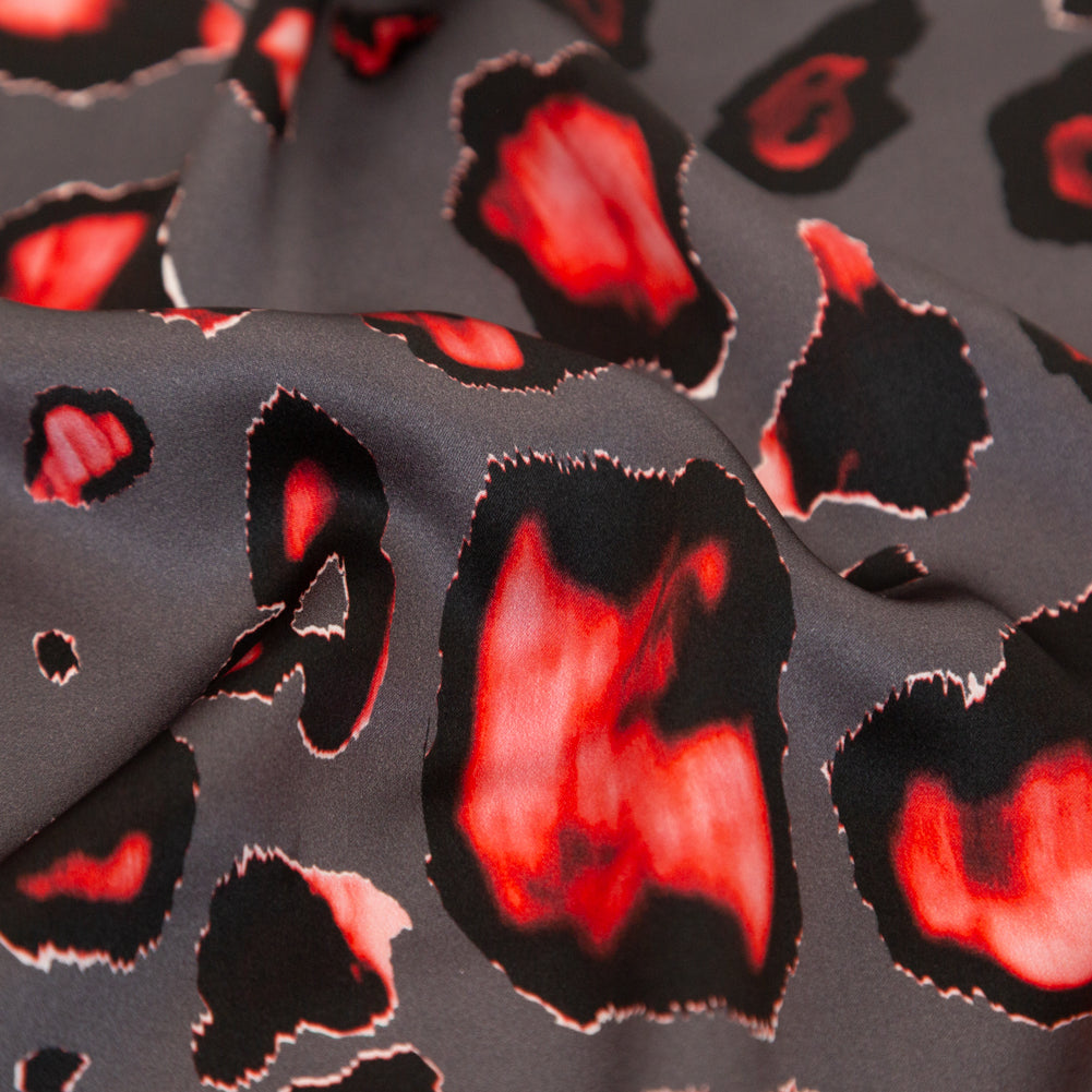 Mood Exclusive Italian Gray and Red Abstract Digitally Printed Silk Charmeuse