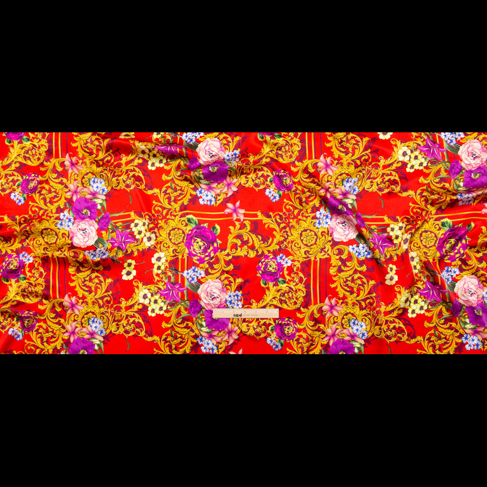 Mood Exclusive Italian Red, Gold and Purple Ornate Floral Digitally Printed Silk Charmeuse