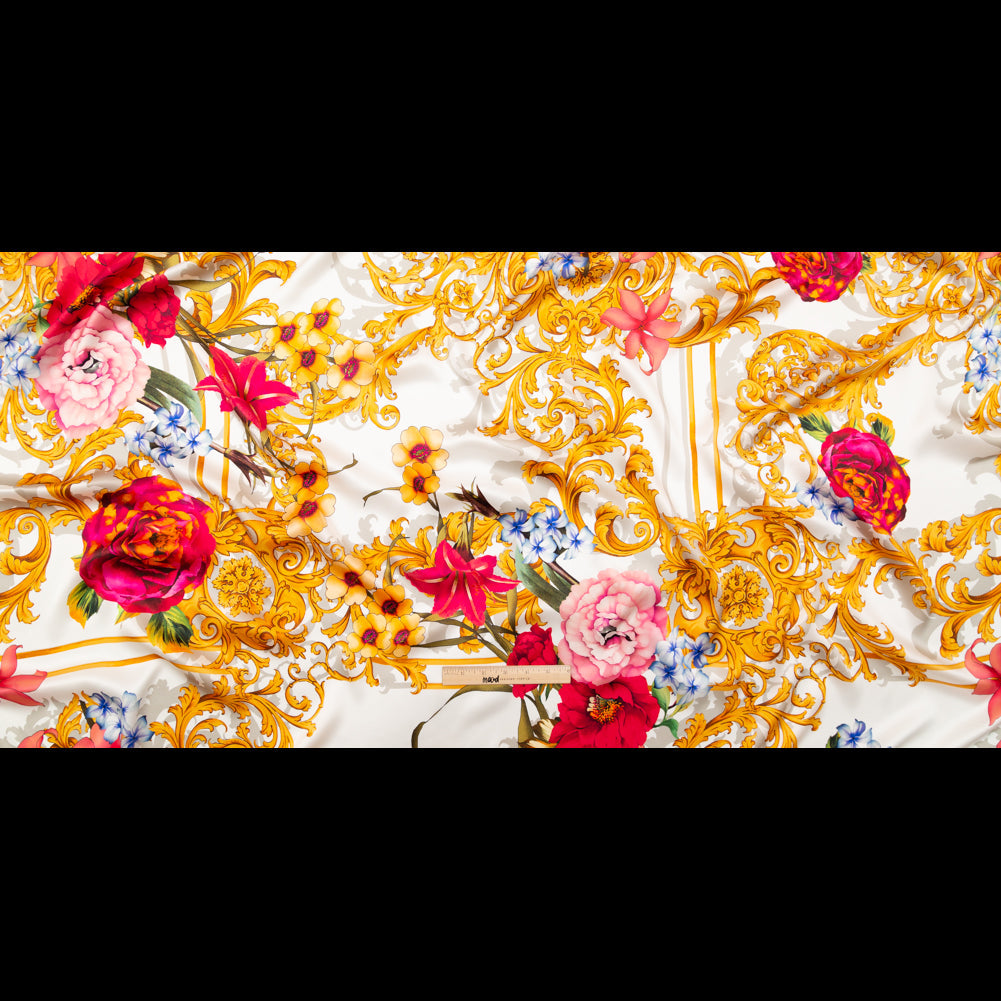 Mood Exclusive Italian White, Blush and Gold Ornate Floral Digitally Printed Silk Charmeuse