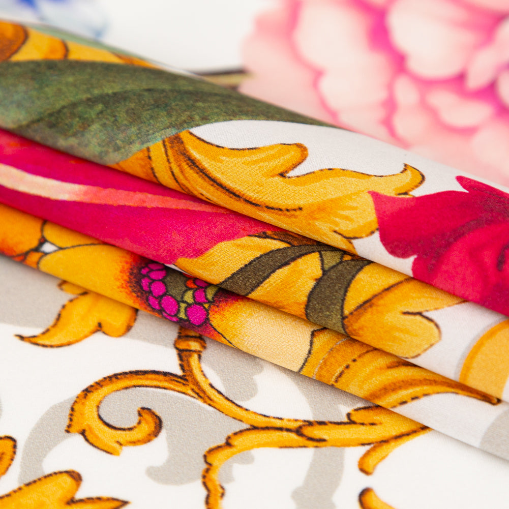 Mood Exclusive Italian White, Blush and Gold Ornate Floral Digitally Printed Silk Charmeuse