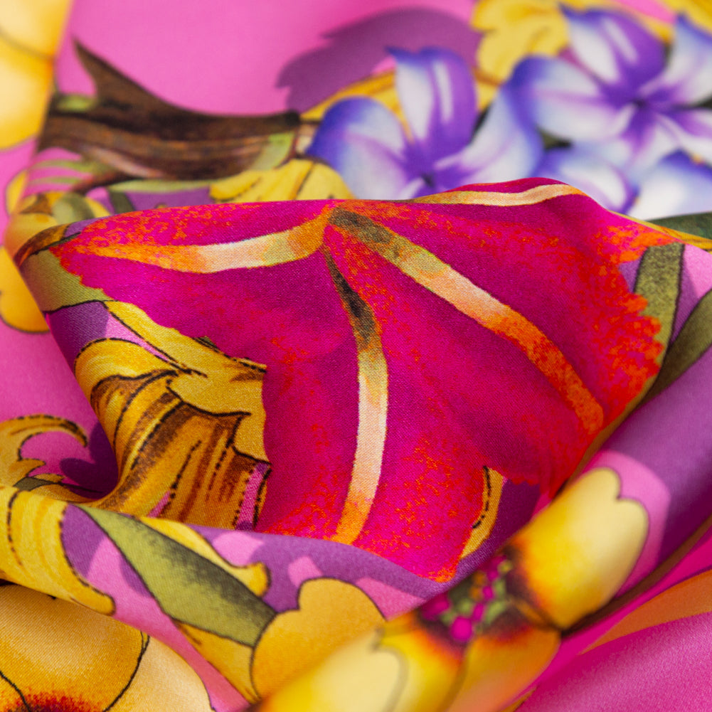 Mood Exclusive Italian Pink and Gold Ornate Floral Digitally Printed Silk Charmeuse