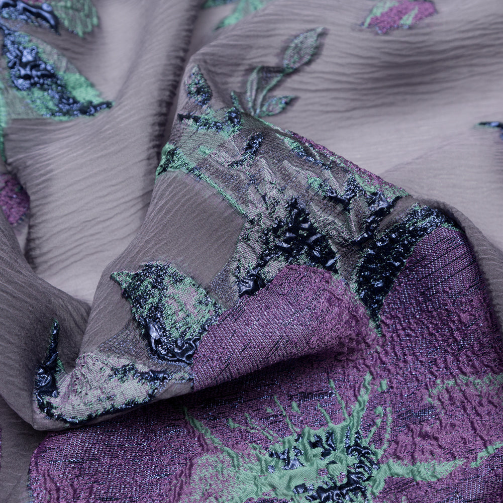 Metallic Blue Morpho, Periscope, Dark Ivy and Purple Gumdrop Floral Luxury Organza Brocade