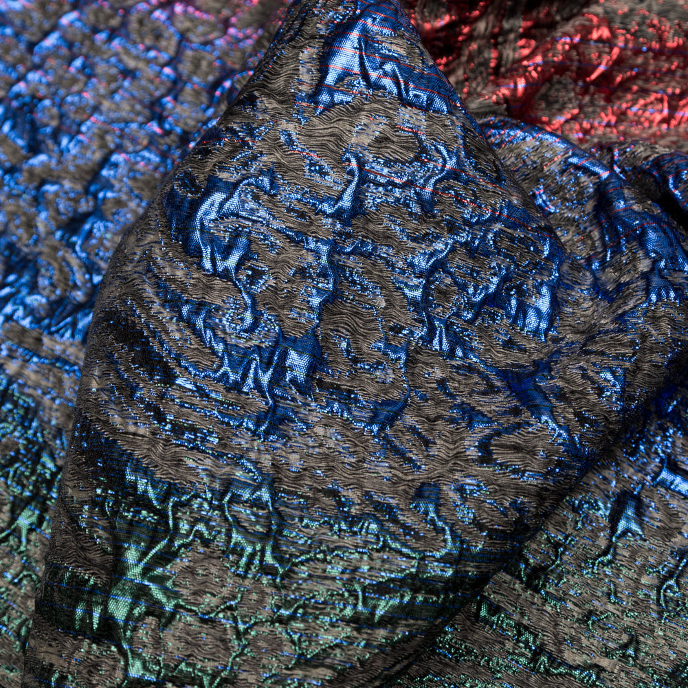 Metallic Space Cherry, Blue Morpho and Emerald Abstract Ombre Luxury Brocade