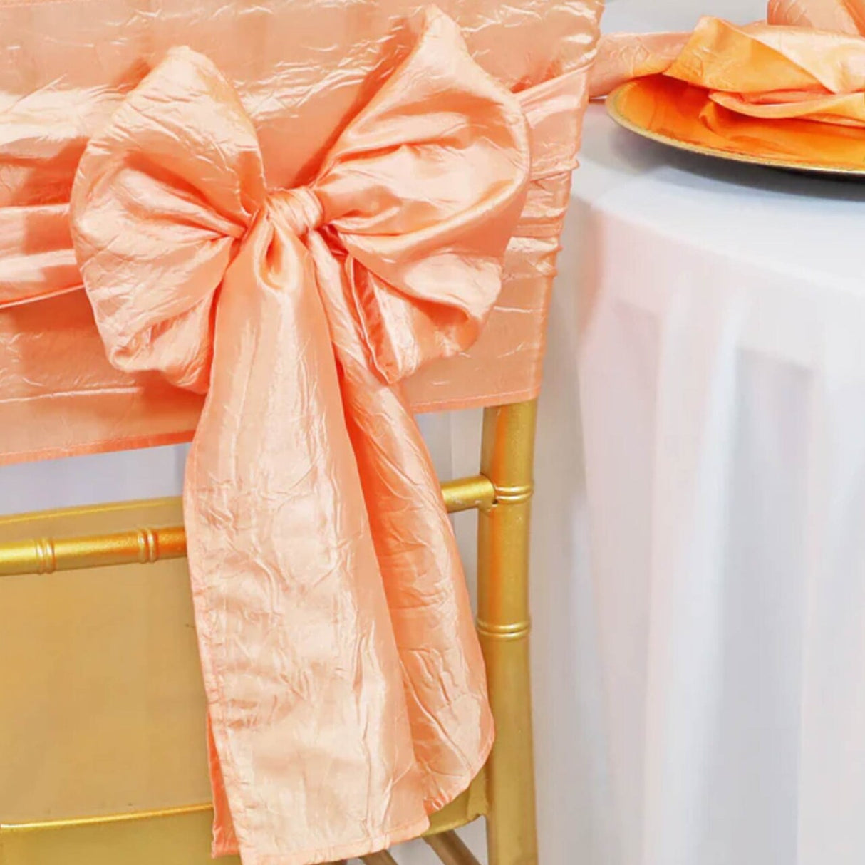 10 Pieces Apricot or Peach Crushed Taffeta Chair Bands 9.5"x108" Elegant Sashes