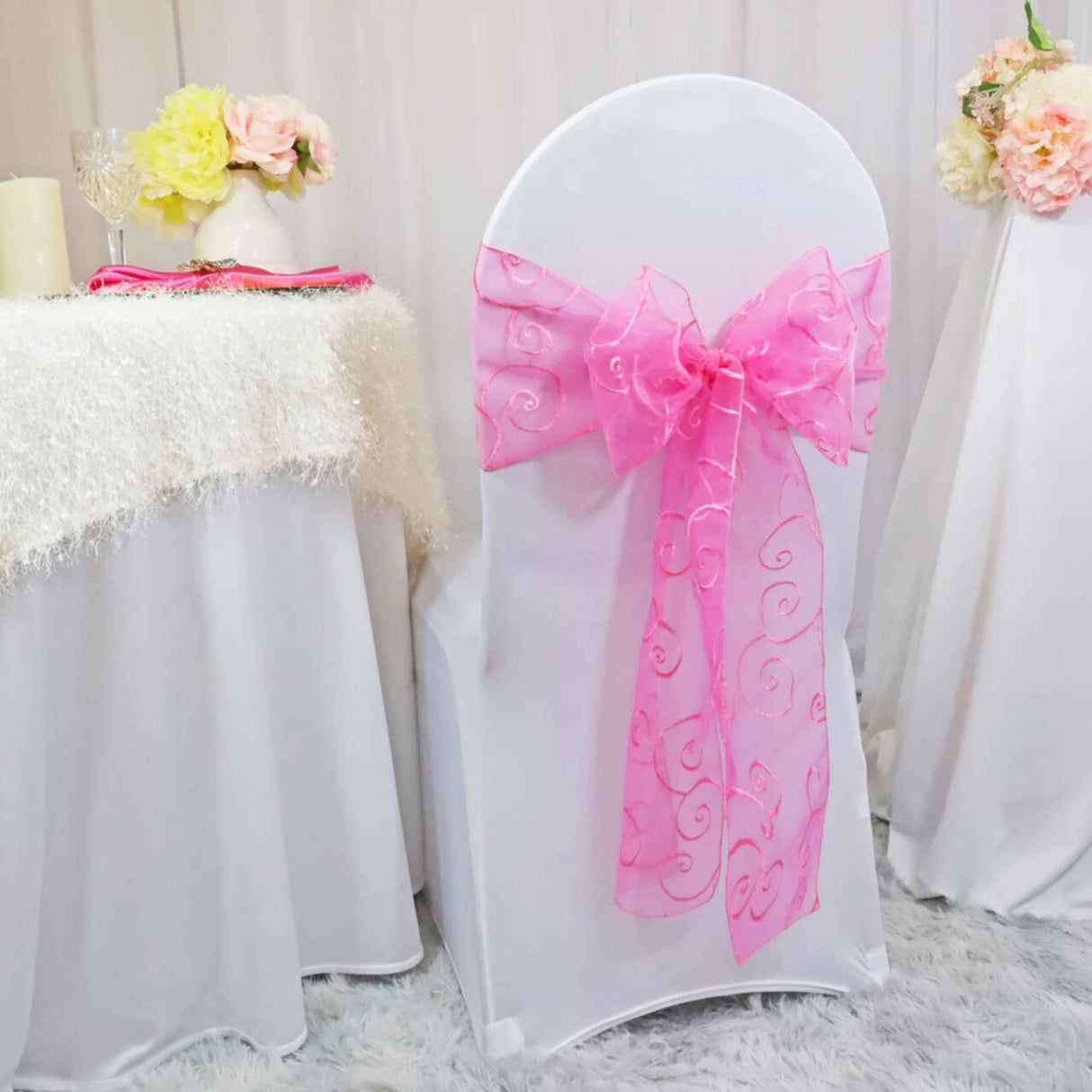 10 Pieces Bubble Gum Embroidered Organza Chair Sashes, Sheer 8"x108" Vibrant Decor