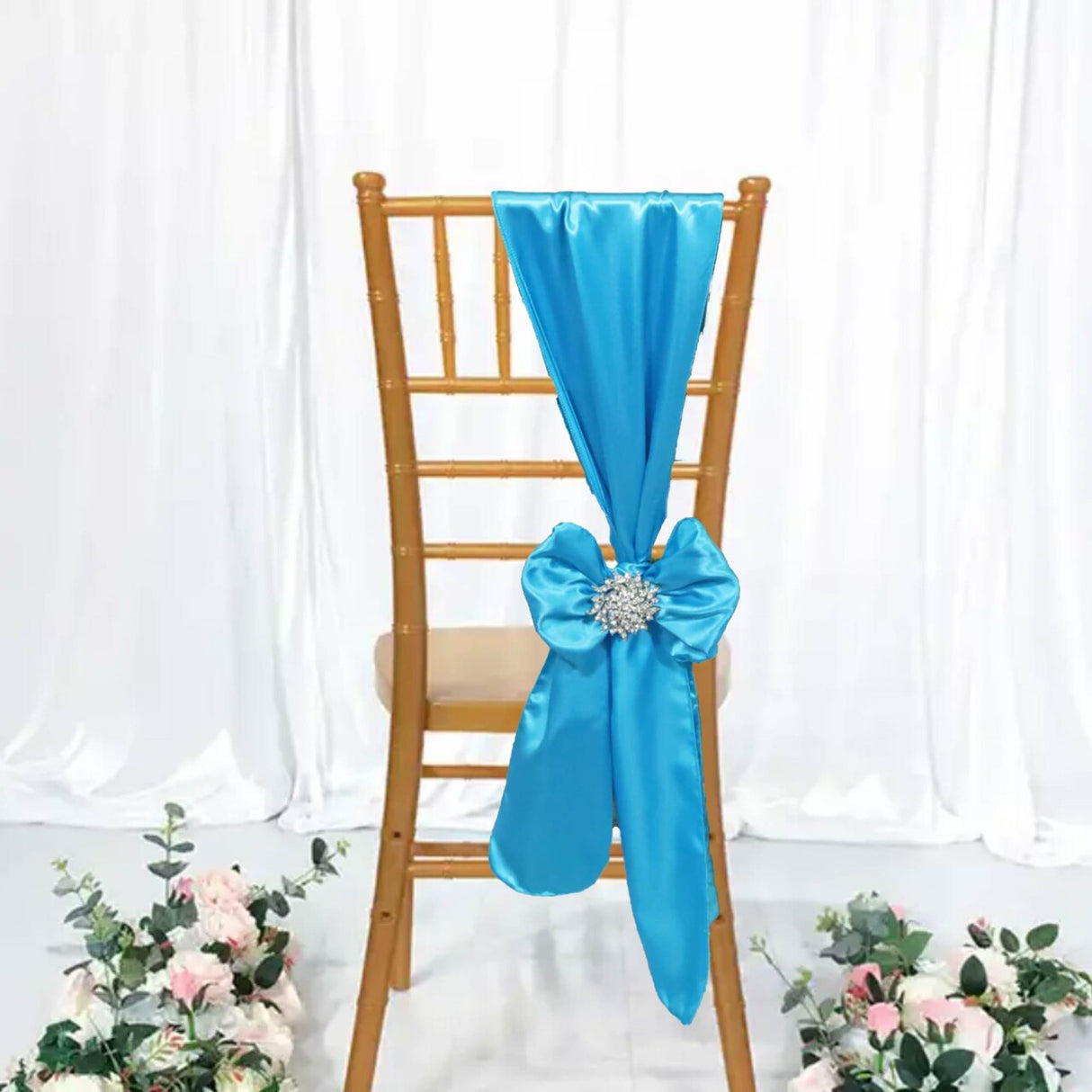 10 Pieces Turquoise Satin Chair Wraps, 8"x108" Bright Event Bands