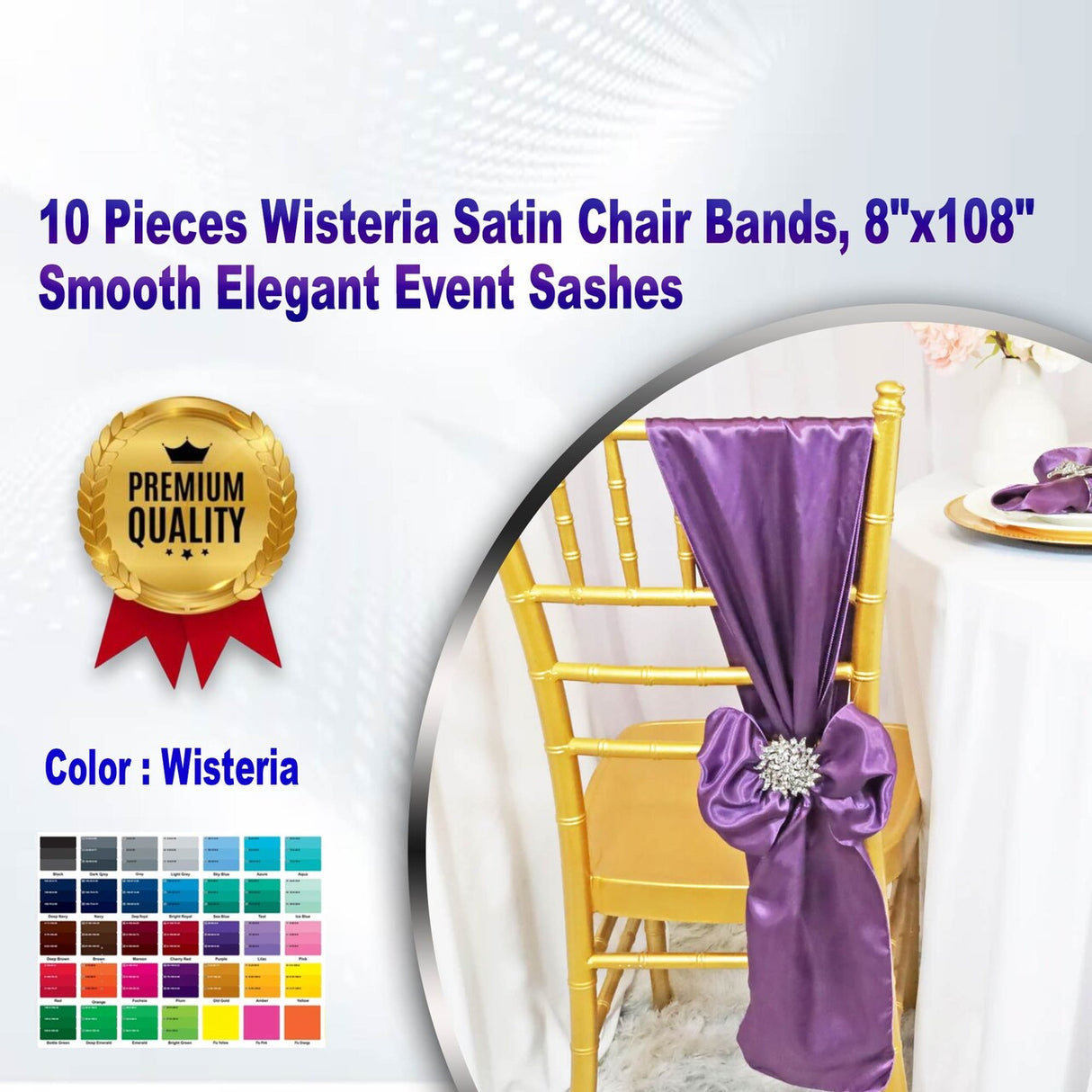 10 Pieces Wisteria Satin Chair Bands, 8"x108" Smooth Elegant Event Sashes