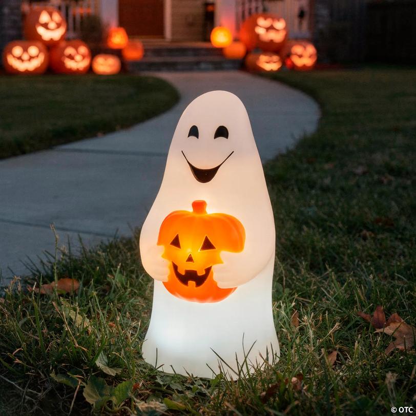 12" Light-Up LED Ghost with Jack-O'-Lantern Blow Mold Figure Halloween Decoration