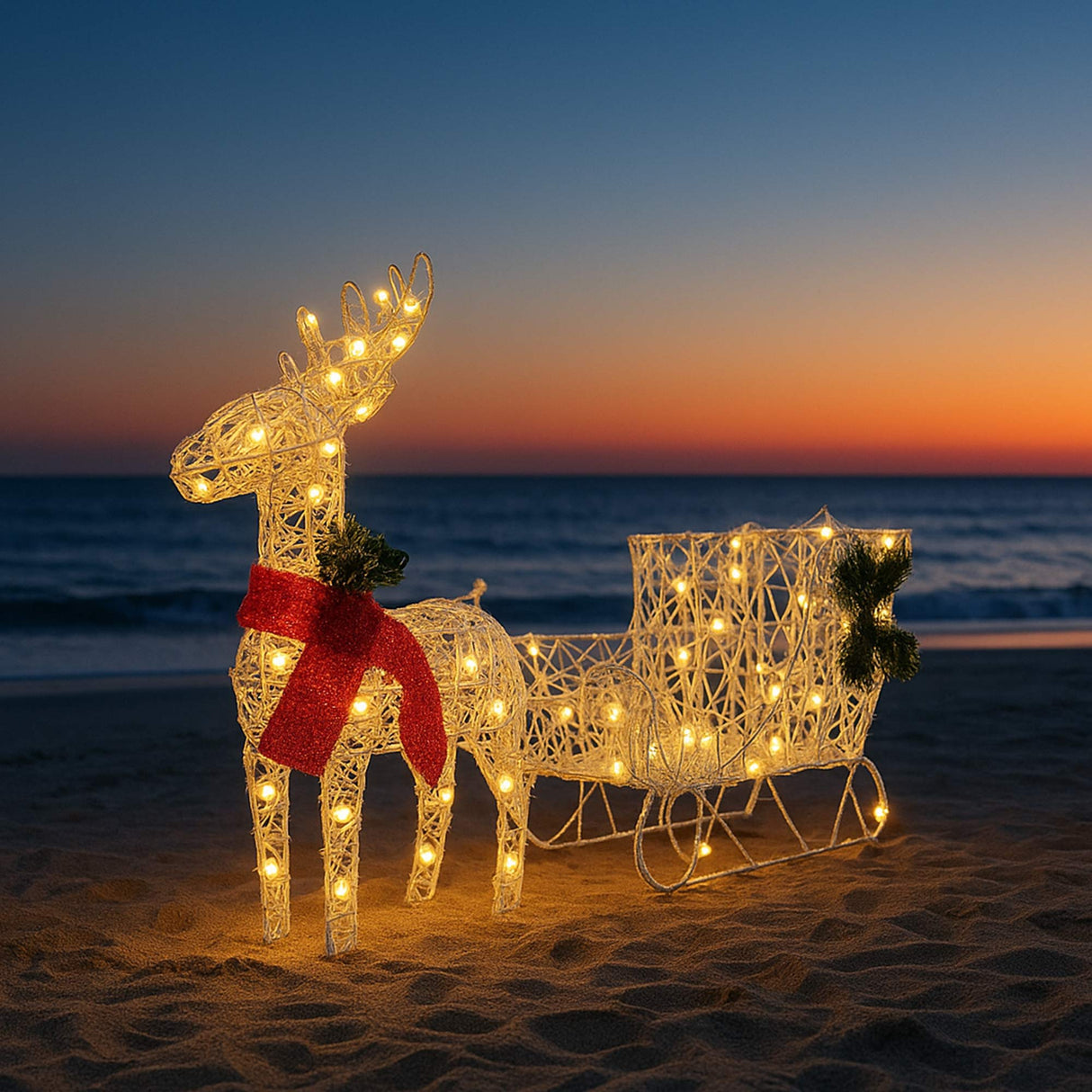 White Lighted Reindeer & Sleigh Outdoor Christmas Yard Decoration