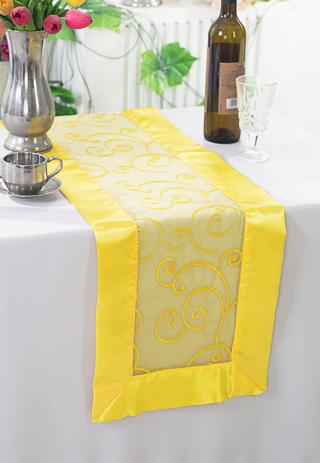 Embroidered Organza Table Runner 12.75x108 Canary Yellow