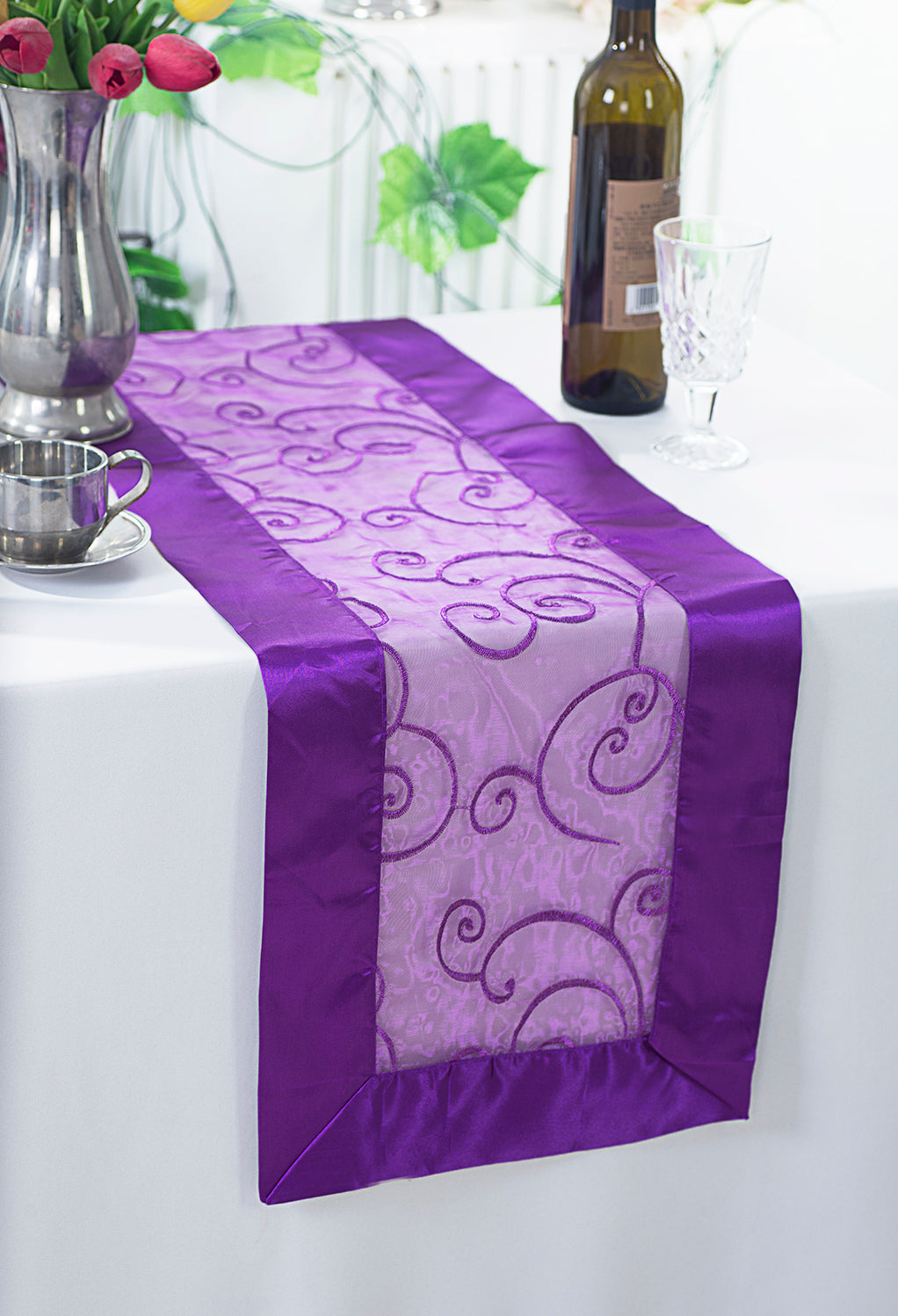 Embroidered Organza Table Runner Purple 12.75x108