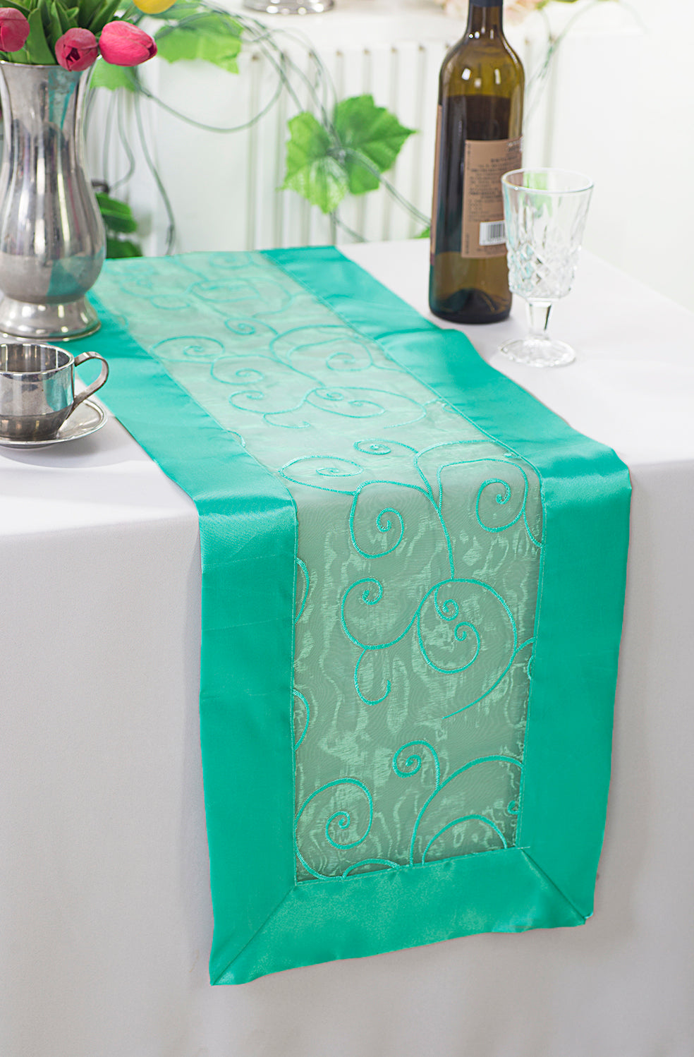 Embroidered Organza Table Runner 12.75x108 Tiff Blue/Aqua Blue