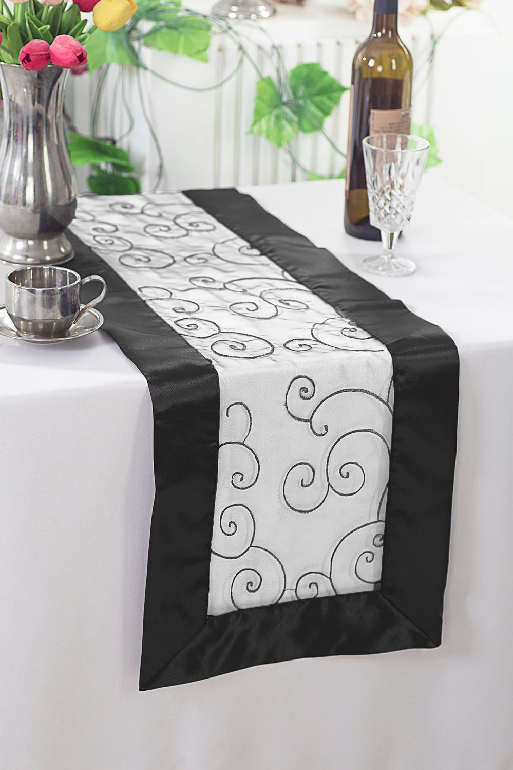 Embroidered Organza Table Runner 12.75x108 White/Black