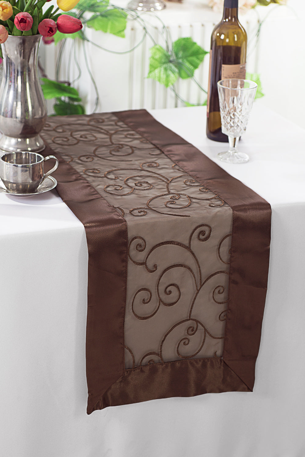 Embroidered Organza Table Runner 12.75x108 Chocolate
