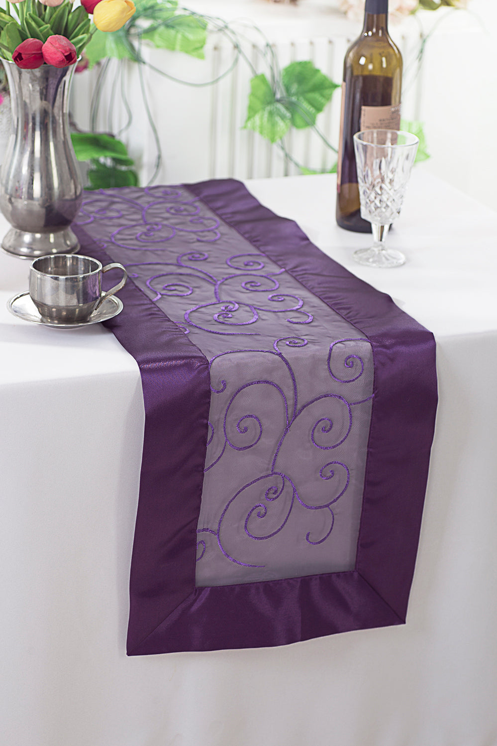 Embroidered Organza Table Runner 12.75x108 Eggplant