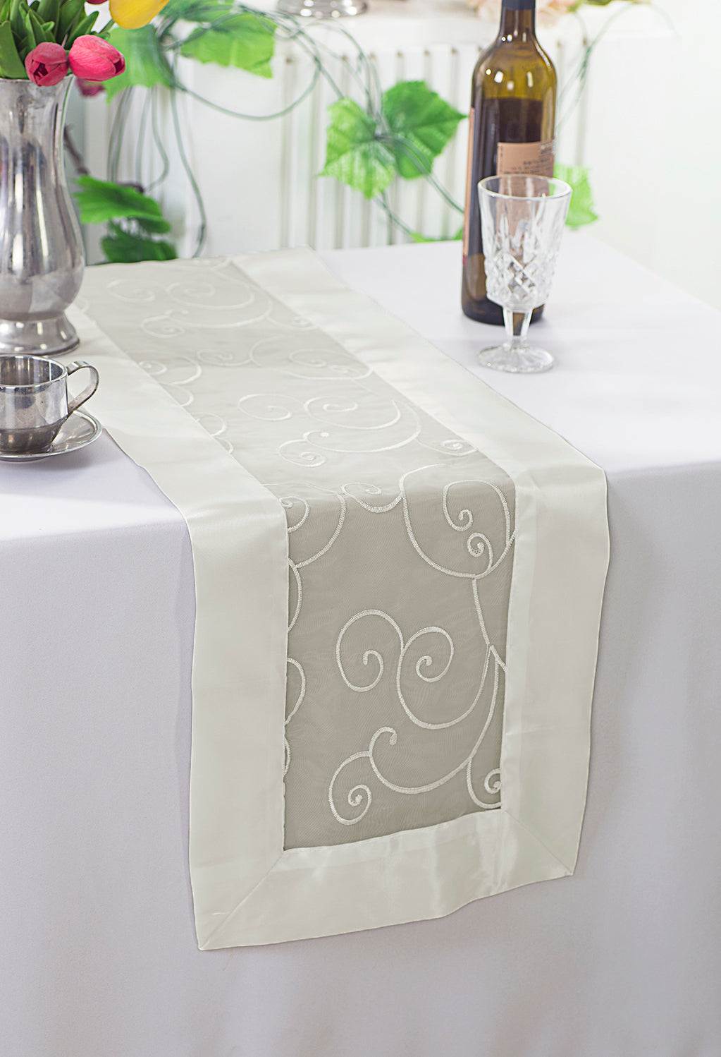 Embroidered Organza Table Runner 12.75x108 Ivory