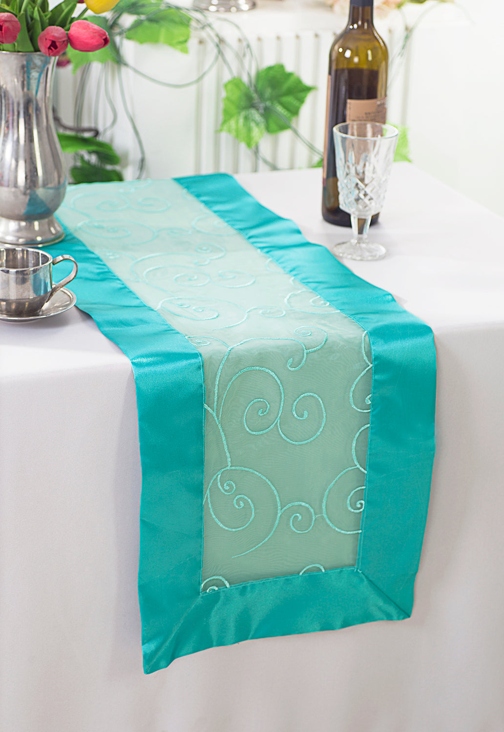 Embroidered Organza Table Runner 12.75x108 Pool Blue