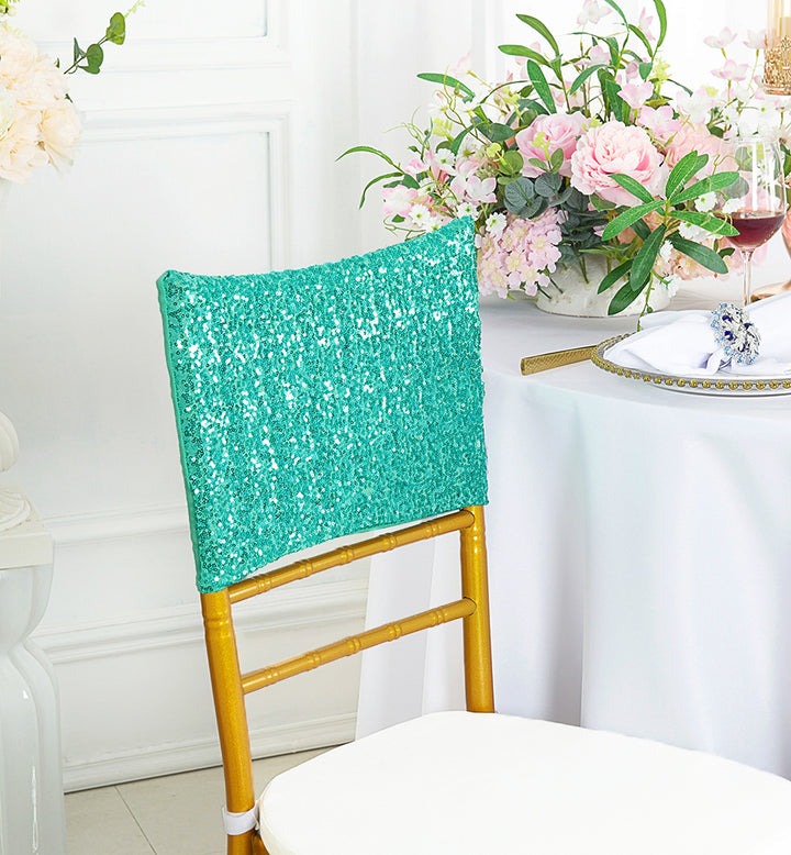 ১ পিস টিফ ব্লু অথবা অ্যাকোয়া ব্লু সিকুইন স্প্যানডেক্স চেয়ার ক্যাপ ১৩.৫ ইঞ্চি বাই ১০ ইঞ্চি পার্টি ডেকোর