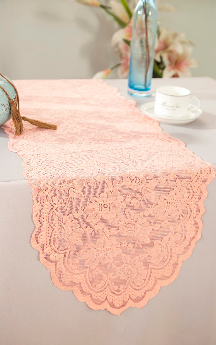 Lace Table Runner 13.5x108 Apricot/Peach