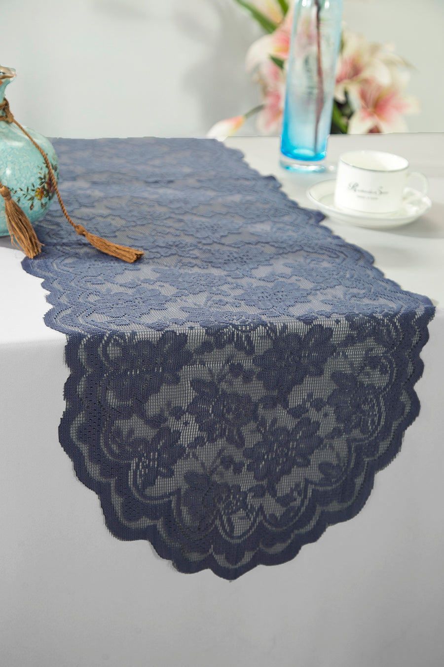 Lace Table Runner 13.5x108 Pewter/Charcoal