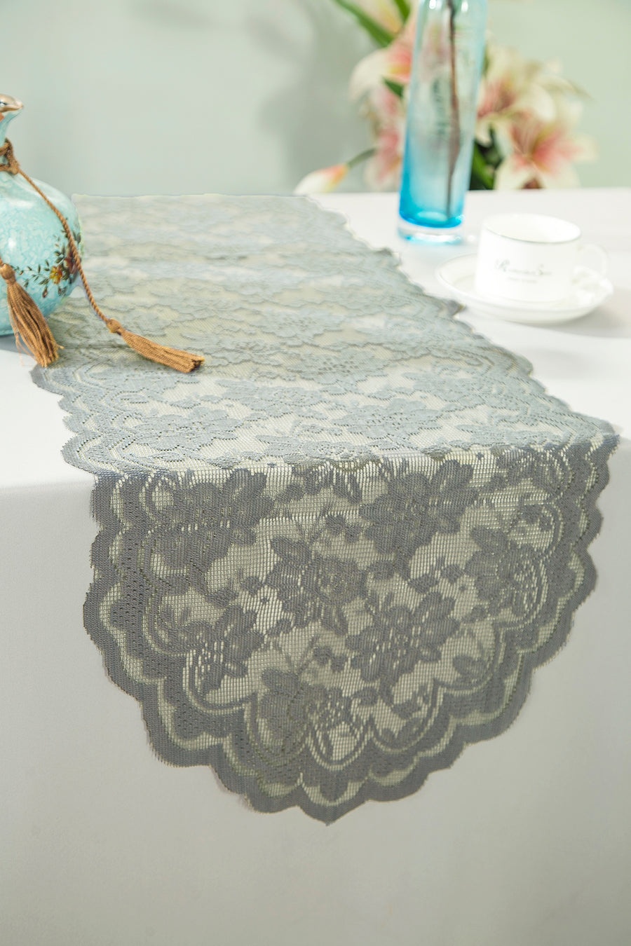 Lace Table Runner 13.5x108 Silver