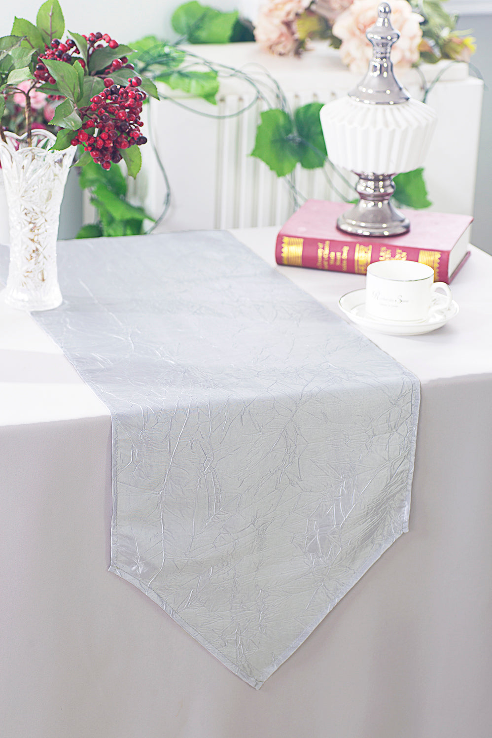 Crushed Taffeta Table Runner 13x108 Platinum/Light Silver