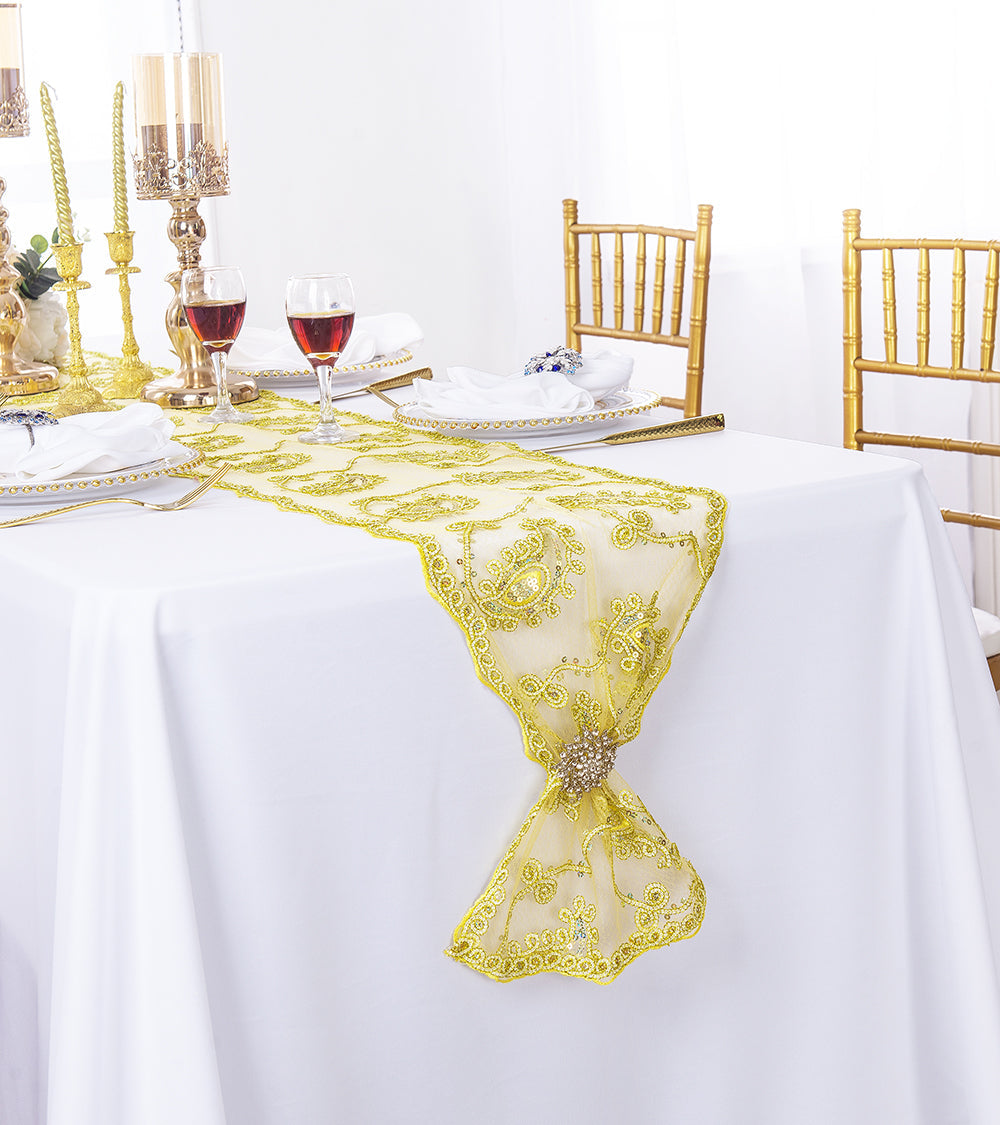 Paisley Sequin Lace Table Runner 13x108 Light Gold