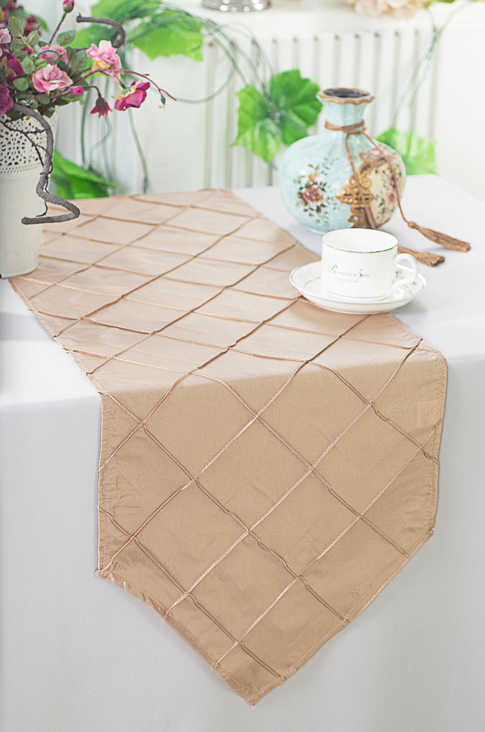 Pintuck Taffeta Table Runner 13x108 Champagne