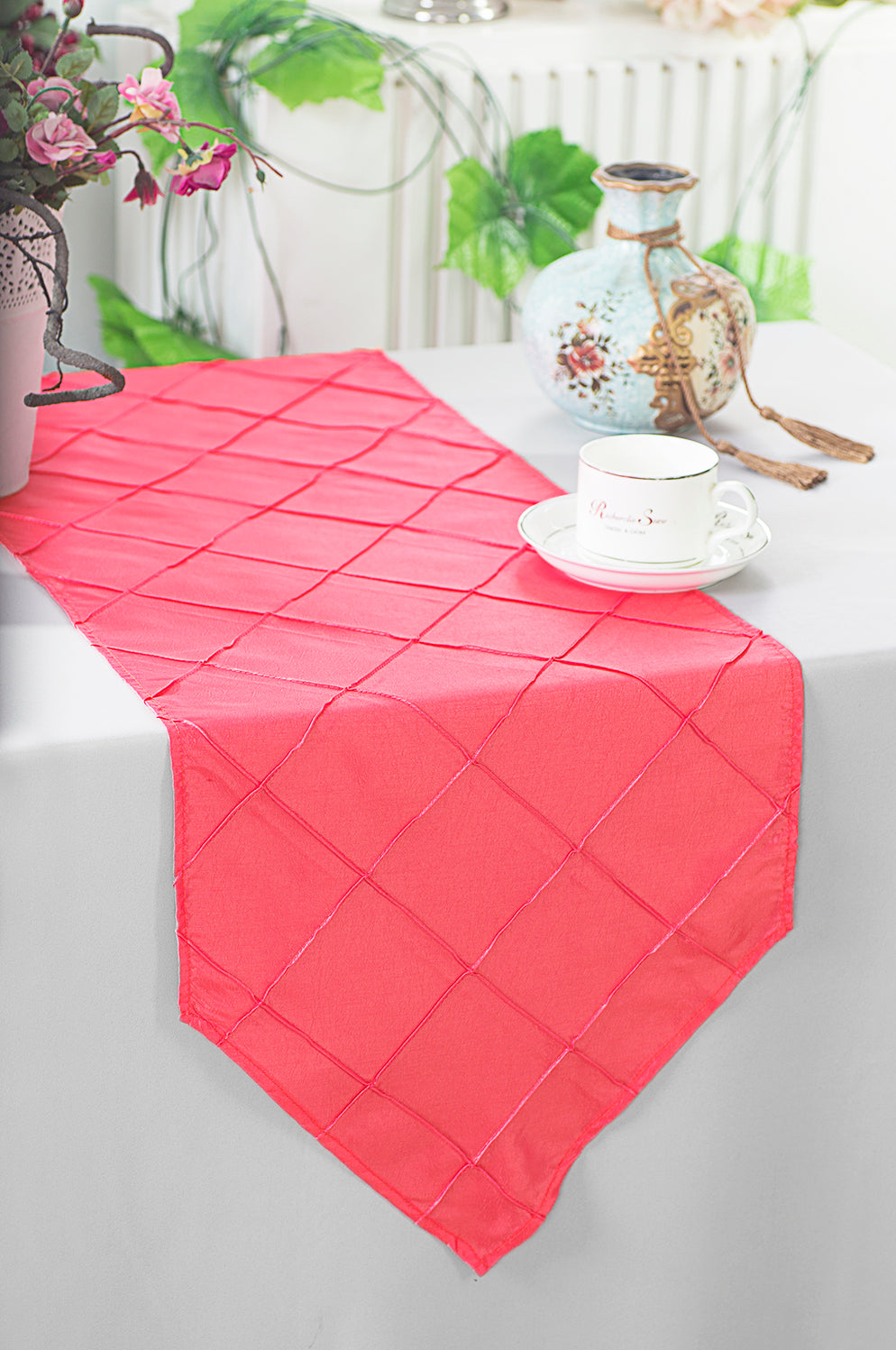 Pintuck Taffeta Table Runner 13x108 Coral