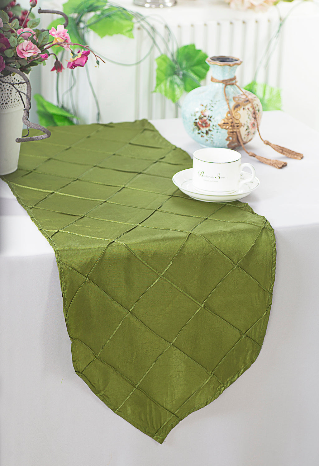 Pintuck Taffeta Table Runner 13x108 Moss Green