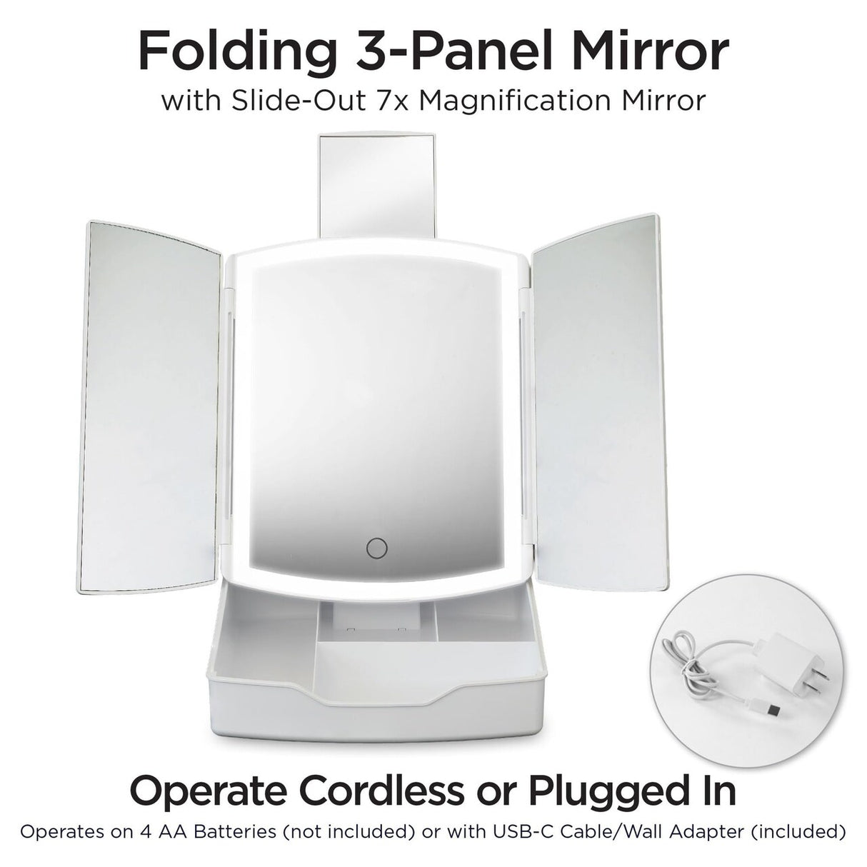 iHome iCVS30 Portable Tri-Fold Lighted Vanity Mirror with Makeup Organizer – Three Color Light Modes