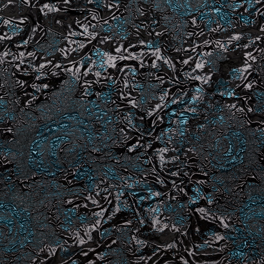 Metallic Gibraltar Sea and Black Floral Luxury Double Layer Organza Brocade