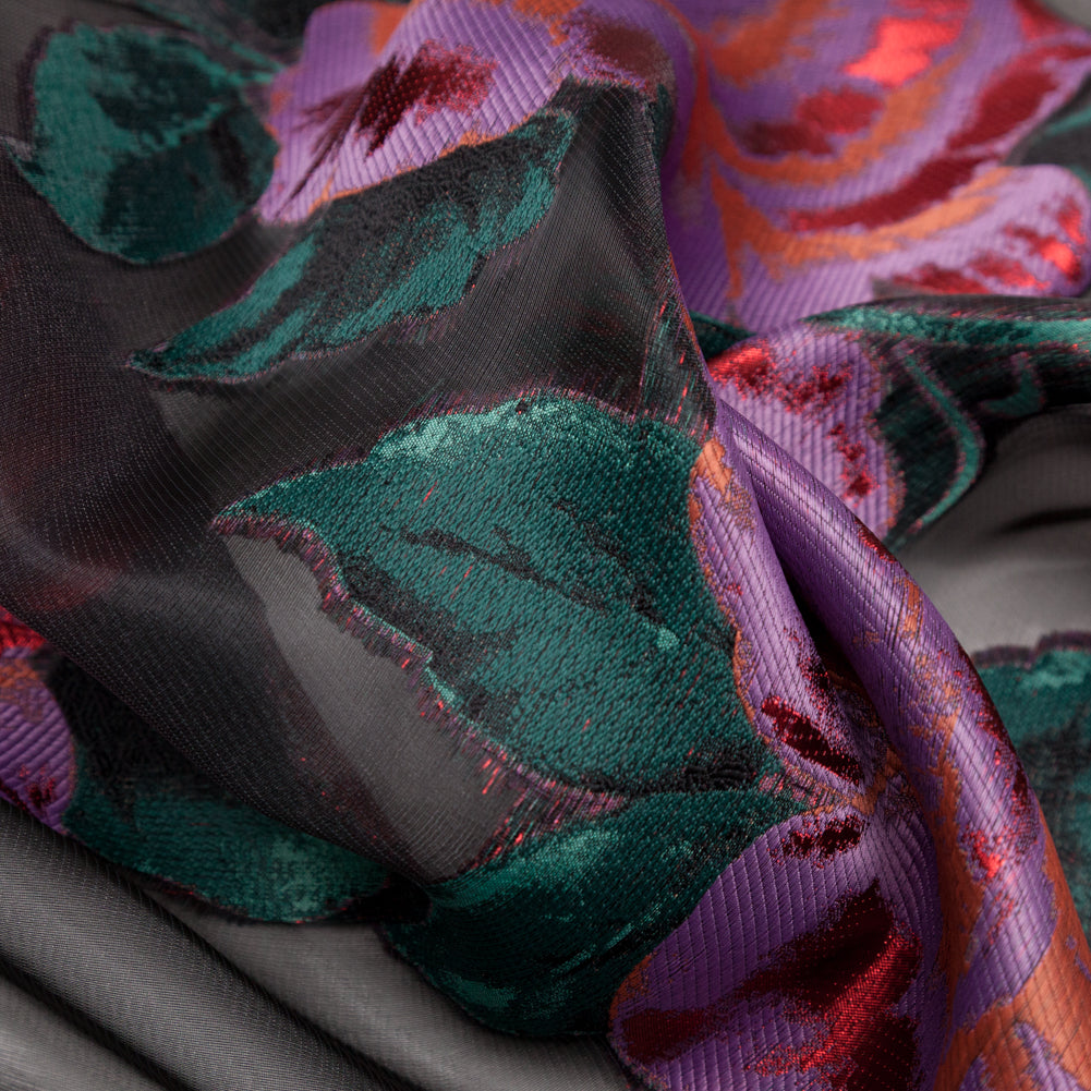 Metallic Space Cherry, Chinese Violet and Rain Forest Floral Luxury Organza Jacquard