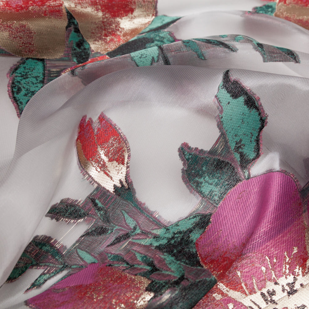 Metallic Gold, Red and Volcanic Glass Floral Luxury Organza Jacquard