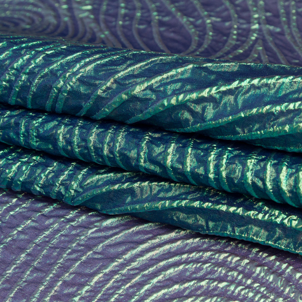 Metallic Green and Moroccan Blue Iridescent Spirals Luxury Organza Brocade