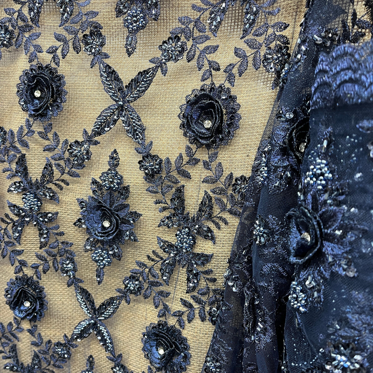 Beaded 3D Floral Lace Fabric