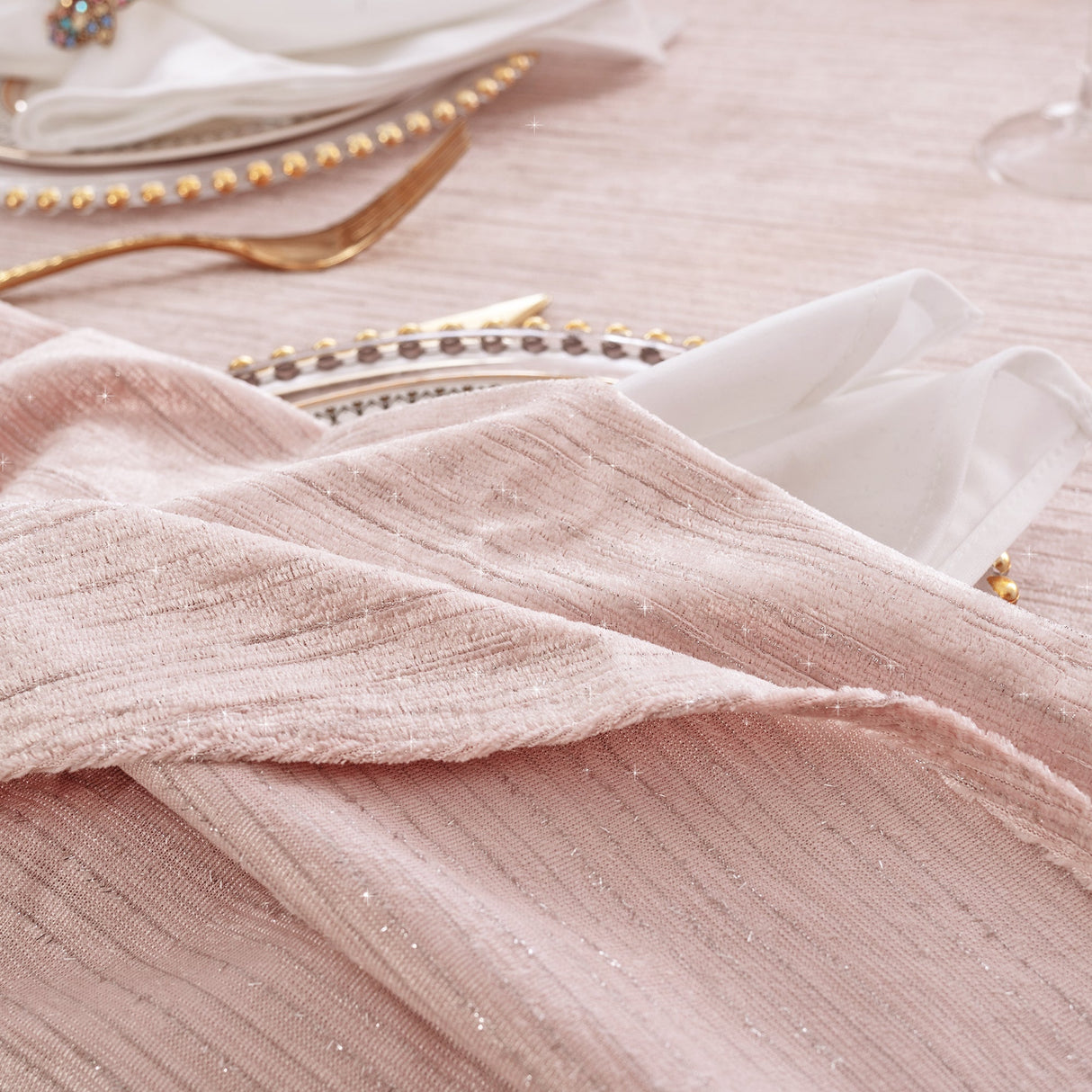 Rectangular Chenille Shimmer Metallic Jacquard Velvet Tablecloth 90x132 Blush Pink/Rose Gold