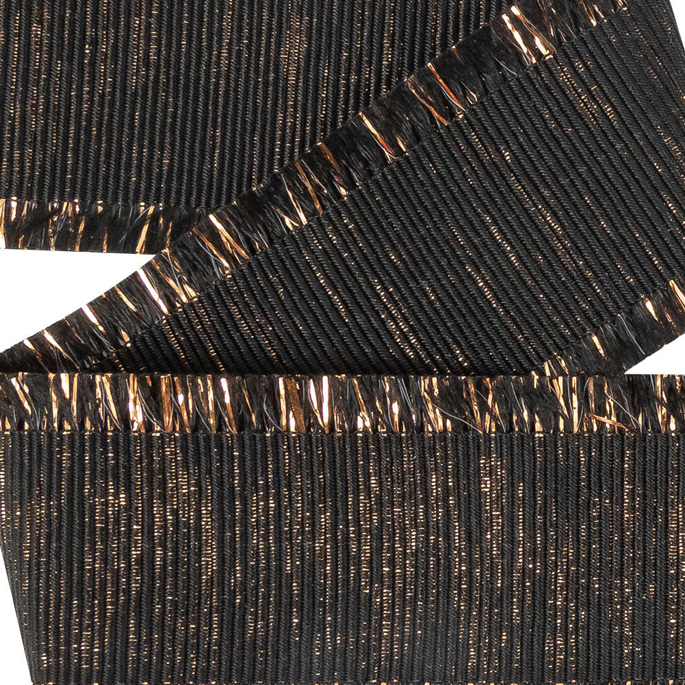Italian Black and Copper Metallic Grosgrain Ribbon with Fringe - 1.4375"