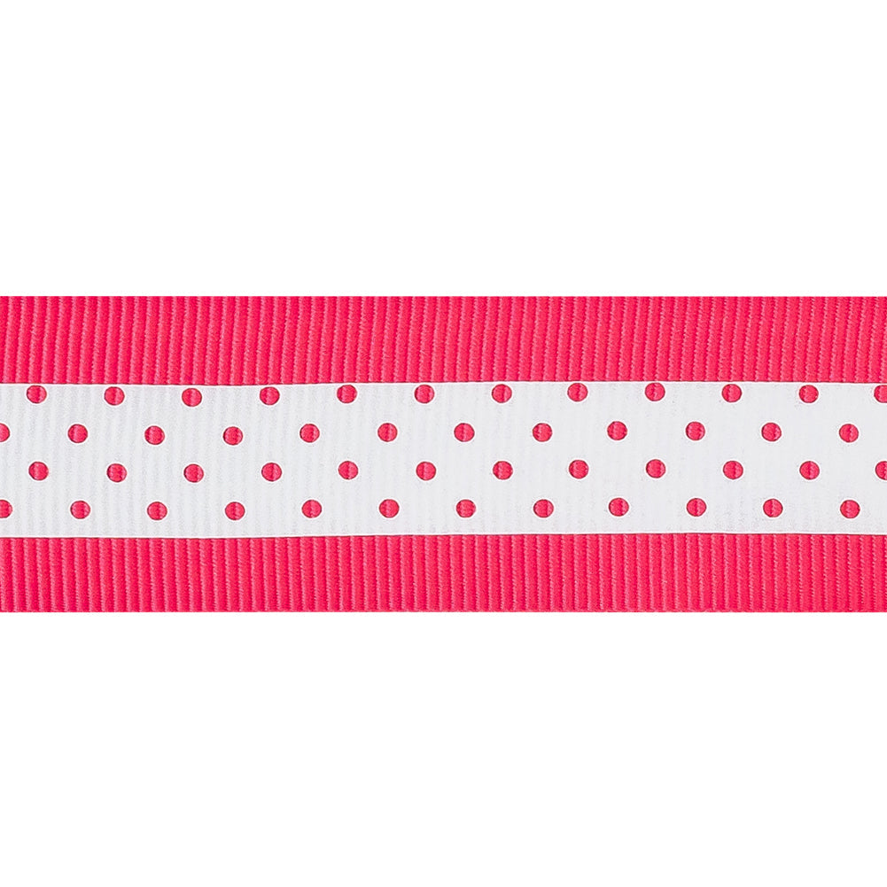 Italian Neon Pink and White Polka Dot Striped Petersham Grosgrain Ribbon - 1"