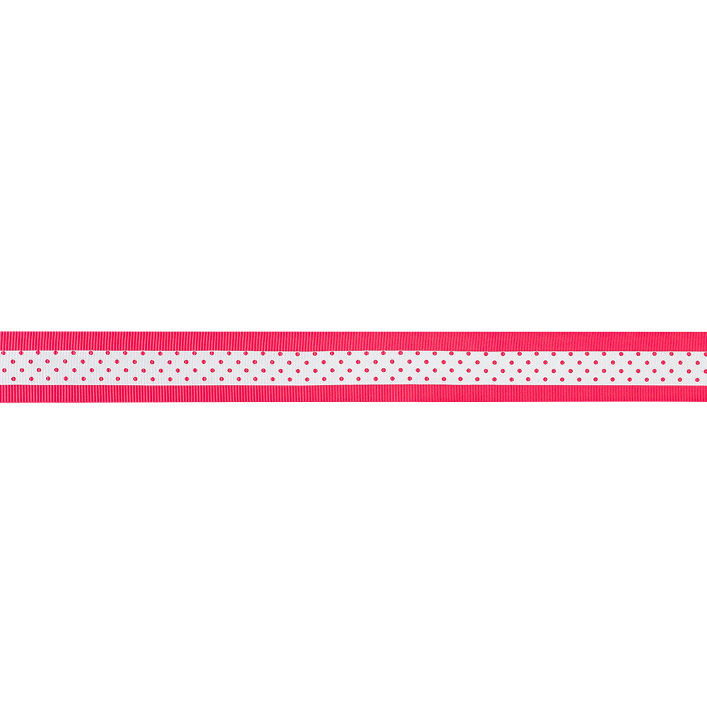 Italian Neon Pink and White Polka Dot Striped Petersham Grosgrain Ribbon - 1"